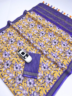 ZARISTACREATION Floral Print Bollywood Dupion Silk Saree(Blue, Yellow)