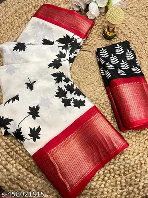 Chandan Fabrics Printed Bollywood Chanderi Saree(Red, White)