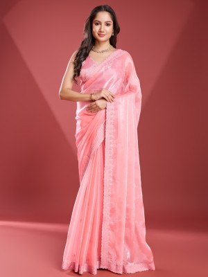 Meena Bazaar Embroidered Bollywood Organza Saree(Pink)