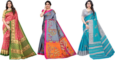 ANIRAV Woven Bollywood Art Silk Saree(Pack of 3, Pink, Grey, Blue)