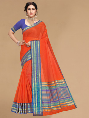 Moda Rapido Self Design, Temple Border Kota Doria Cotton Silk Saree(Orange)