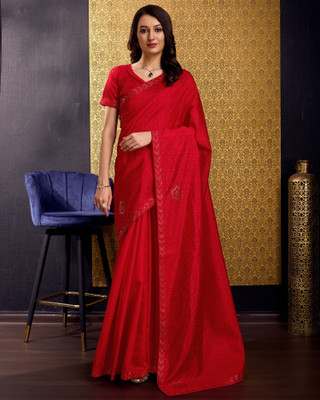 Divastri Embellished, Solid/Plain, Self Design Bollywood Tussar Silk, Silk Blend Saree(Red)