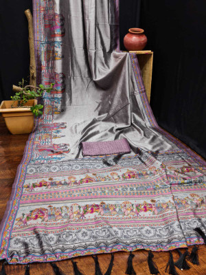 VIRDHI TEXTILE Digital Print Madhubani Silk Blend Saree(Maroon)