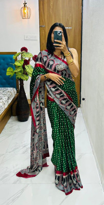 Vihan Fab Surat Printed Kalamkari Jacquard Saree(Green)