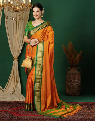 Nandi Embroidered Kanjivaram Cotton Silk Saree(Green, Yellow)