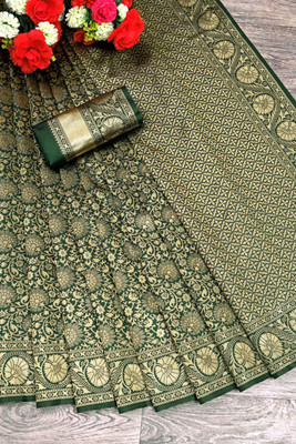 WILLMAKE Self Design, Temple Border, Geometric Print, Striped, Woven, Solid/Plain, Embroidered Banarasi Jacquard, Georgette Saree(Green)