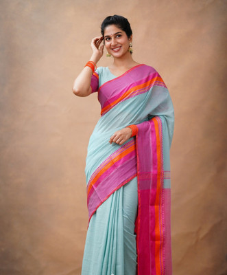 SAPTAK FASHION Printed Handloom Khadi Saree(Light Blue, Pink)
