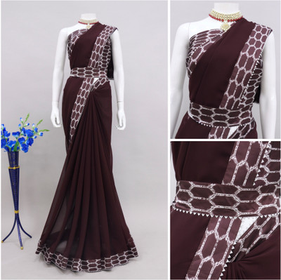 PRETTYAGE Digital Print Banarasi Georgette Saree(Brown)