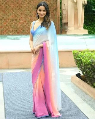Styli-Nar Creation Printed, Digital Print, Striped, Self Design, Embroidered Bollywood Georgette Saree(Multicolor)