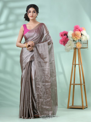 Desh Bidesh Solid/Plain Handloom Handloom Tissue, Cotton Blend Saree(Pack of 2, Grey)