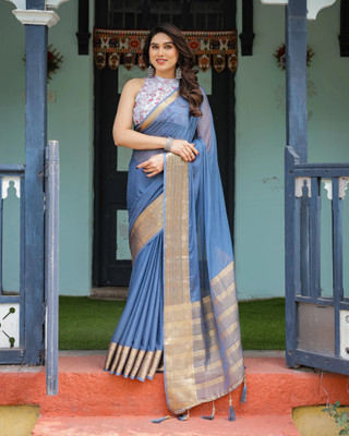 DHAYNAAND REEWA FASHION Solid/Plain, Embellished Bollywood Chiffon Saree(Light Blue)