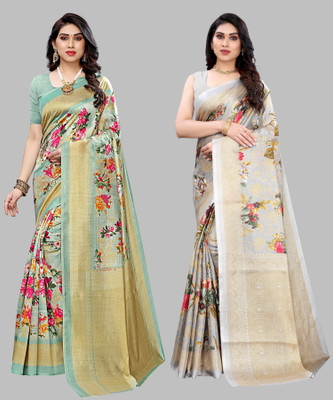 Priyashi Self Design, Digital Print, Printed Mysore Art Silk Saree(Pack of 2, Light Green, Grey)