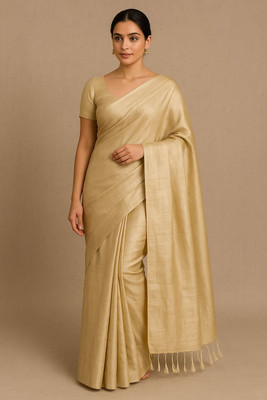 Saarbhi Solid/Plain Bollywood Silk Blend Saree(Beige)