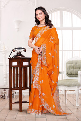 Mikhushop Embroidered Bollywood Silk Blend Saree(Orange)