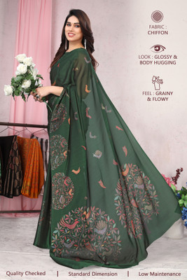 MIRCHI FASHION Solid/Plain, Embellished Daily Wear Chiffon, Georgette Saree(Dark Green, Multicolor)