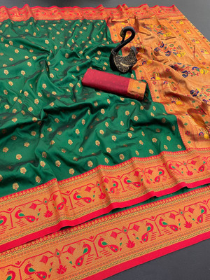 GATISHVAM TEXTILE Woven Paithani Art Silk Saree(Green)