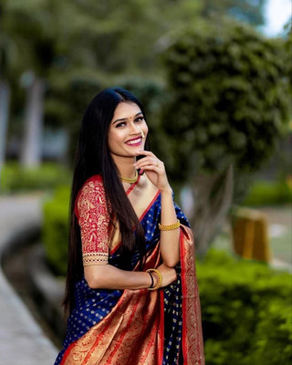 Rudr Venture Digital Print Banarasi Silk Blend Saree(Blue)