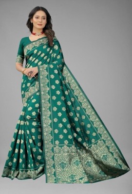 AMK FASHION Embellished, Floral Print, Self Design, Woven Kanjivaram Art Silk Saree(Green)