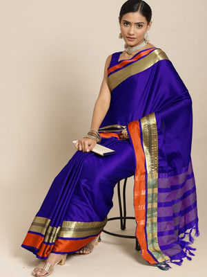 INDIANRANG Solid/Plain Bollywood Silk Blend Saree(Blue)