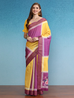 SILK ZONE Digital Print Banarasi Tussar Silk Saree(Yellow)