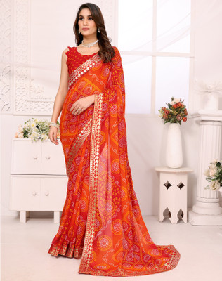 Divastri Printed Bandhani Georgette, Lace Saree(Red)