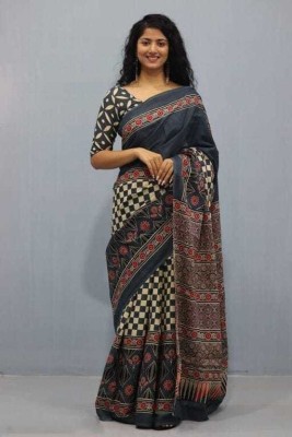 Craftmusium Printed, Color Block, Blocked Printed, Floral Print, Dyed Daily Wear Pure Cotton Saree(Black)