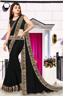Offirra International Embroidered Banarasi Lycra Blend, Chiffon Saree(Black)