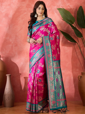 Sangria Self Design Saree with Attached Blouse Silk Blend Saree(Pink)