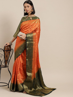 SERONA FABRICS Woven Banarasi Cotton Silk Saree(Orange, Green)