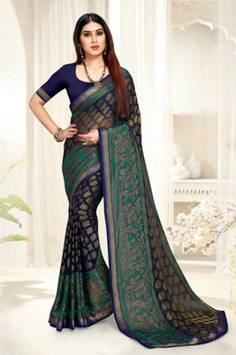 EMV Printed Bollywood Brasso, Chiffon Saree(Dark Blue, Green)
