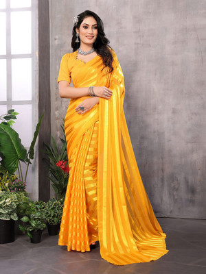Moda Rapido Striped, Self Design Daily Wear Satin Saree(Yellow)