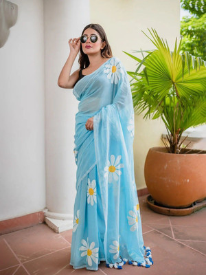 RASIFASHION Floral Print Banarasi Linen Saree(Light Blue)
