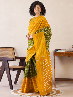 Tasrika Printed Pre Draped Saree Cotton Blend Saree(Light Green)
