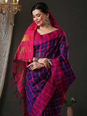 Sareemall Color Block Daily Wear Cotton Silk Saree(Dark Blue)
