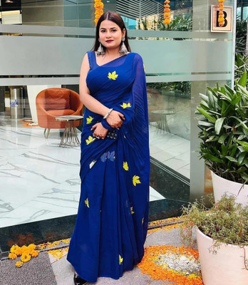 WeaveAura Embroidered Handloom Cotton Blend Saree(Dark Blue)