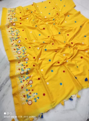 Apu handloom Embroidered Handloom Cotton Blend Saree(Yellow)