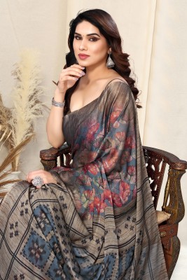 MIRCHI FASHION Printed, Floral Print Daily Wear Chiffon, Georgette Saree(Grey, Orange)