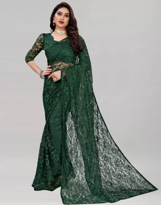 Vragi Self Design Bollywood Net Saree(Dark Green)
