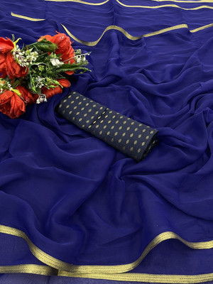 JiproStore Solid/Plain Daily Wear Chiffon Saree(Dark Blue)
