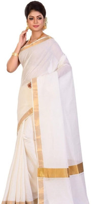 Jyanshu Creation Solid/Plain Kasavu Cotton Silk Saree(White)