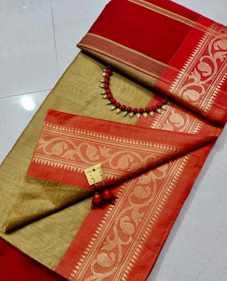 Lakshmi Boutique Color Block, Woven, Striped Handloom Cotton Silk Saree(Maroon, Mustard)
