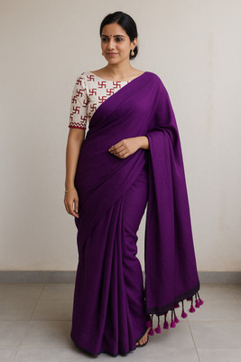 TARAMAACREATION Solid/Plain Kalamkari Handloom Pure Cotton Saree(Purple)