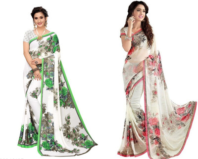 ANIRAV Printed Bollywood Georgette Saree(Pack of 2, White)