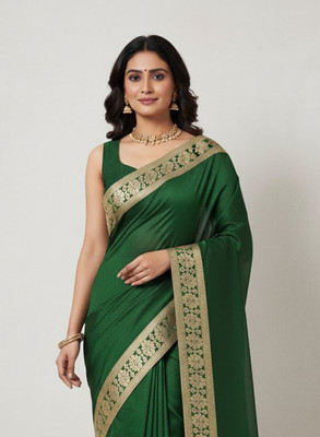 Anugrah Textile Woven Banarasi Lycra Blend, Chiffon Saree(Green)