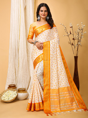 Sareemall Printed Chinnalapattu Silk Blend Saree(Beige, Yellow)