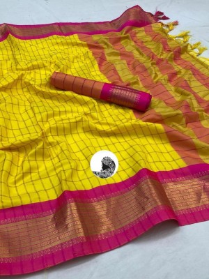 FashionPallavi Embellished, Self Design, Striped, Checkered Kanjivaram Cotton Jute, Cotton Silk Saree(Yellow, Pink)