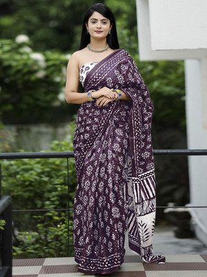 Anouk Rustic Printed Daily Wear Cotton Blend Saree(Purple)