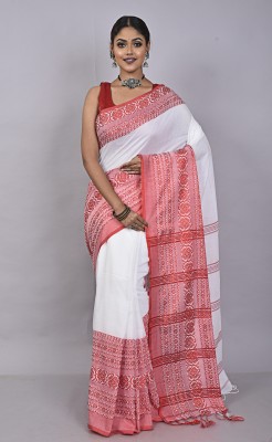 Tant Story Woven Handloom Cotton Blend Saree(White)