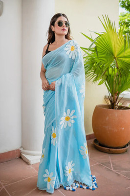 Vleez Printed Handloom Pure Cotton Saree(Light Blue)