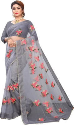 PATLANI STYLE Embroidered Bollywood Net Saree(Grey)